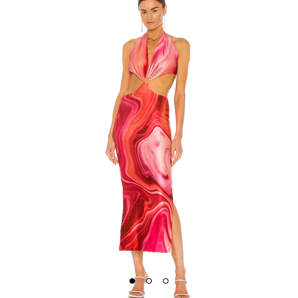 Farai London Pink and Red Swirl Halter Cutout Midi Dress
